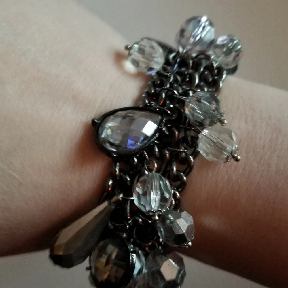 Charm bracelet crystals dark silver tone metal